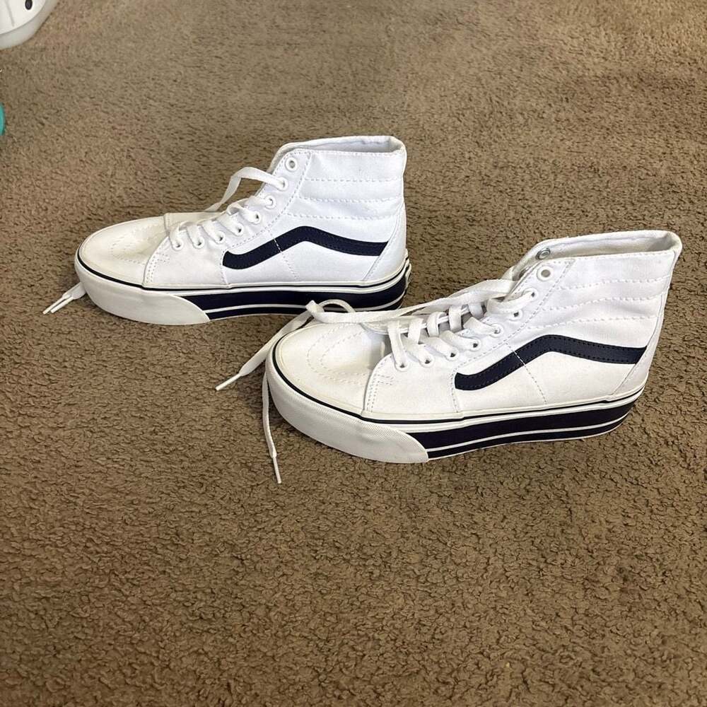 Vans Sk8-Hi Tapered Stackform Sport Stripes True White Navy Platform Shoes